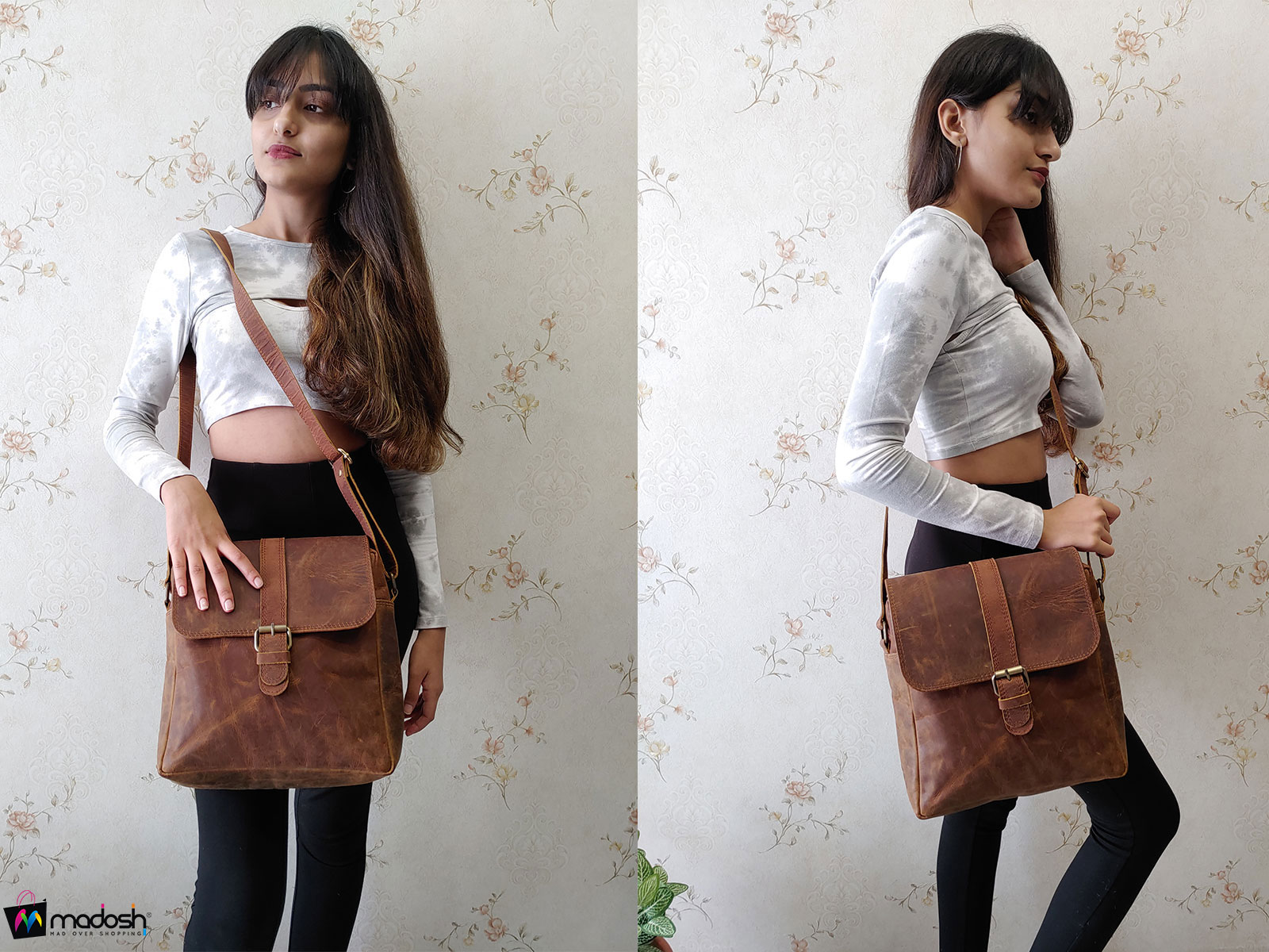 Womens Genuine Buffalo Leather Crossbody Ipad Bag Brown Messenger Sling Bag